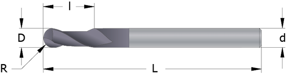 Drawing of a Solid Carbide End Mill with Ball Nose and Long Shank